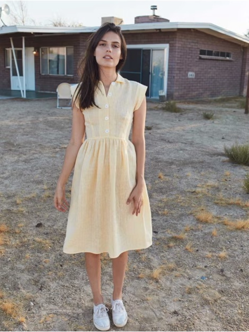 Christy Dawn Pale Yellow Button-Front Midi Dress